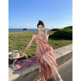 Vevesc Holiday Style Halter Backless Party Dress for Women Lavender Lolita Vacation Summer Fairy Sundress Pink Long Chiffon Clothes New
