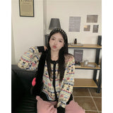 Vevesc Y2K Knitted Cardigan Women Sweet Print Sweater Coat Korean Cartoon Jacquard Knitwear Harajuku Patchwork Casual Jumper Tops