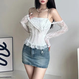 Vevesc Fashion Sexy Off Shoulder Long Sleeve T-shirts 2024 Summer New Camisole Tops Women Y2k Slim Fit Lace Patchwork Blusas Mujer