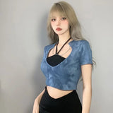 Vevesc Niche Sexy Fashion Moda Two Piece Sets Black Halter Lace Up Tank Tops Y2k Aesthetic Personality High Waist Streetwear Punk Tops