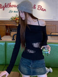 Vevesc Harajuku Sexy Lace Patchwork See Through T-Shirts Women Slim Fit Y2k Aesthetic Tees Skew Collar Vintage Grunge Bottoming Tshirts