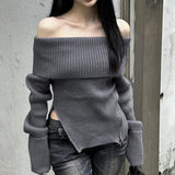 Vevesc Korean Fashion Off Shoulder Knitted Jumpers For Women Zipper Split Slim Long Sleeve Gray Solid Simple Street Sweaters