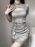 Vevesc  Hollow Out Qipao Improved Chinese Dress Women Sexy Split Cheongsams Mandarin Collar Wear Print Floral Vestidos 2025 New HOT