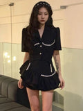 Vevesc Black Sexy Vintage Two Piece Set Women Korean Fashion Elegant Party Mini Skirt Set Female Button Casual Retro Skirt Suit