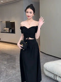 Vevesc Summer Black Vintage Two Piece Skirt Set WomenDesigner Party Midi Skirt Suit Femake Korean Fashion Elegant Split Skirt Set