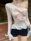 Vevesc Harajuku Lace Hollow Out Flower T-shirt Fairy Grunge Skew Collar Sexy Crop Tops Women Contrast Color Bow Y2k Aesthetic Tshirts