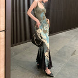 Vevesc Japanese Floral Printed Elegant Fishtail Dress Women 2024 Summer New Contrast Color Patchwork Sexy Backless Mid-length Dress