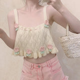 Vevesc Cute Tops Women Summer Hook Flowers Decorated Retro Loose Knitted Crop Top for Sweet Girl Beige Camis Kawaii Clothes