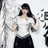 Vevesc Goth Dark Elegant Fashion Tassels Off Shoulder Crop Tops 90s Grunge Bow  White T-shirts Gothic Techwear Cyber Y2K Outfits