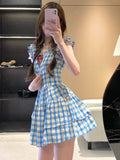 Vevesc  French Sweet Dress Flying Sleeve Square Collar Plaid Folds Patchwork Dresses Summer Female Slim Preppy Style 2025 Women Clothing