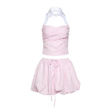 Vevesc  Fit Striped Print 2Piece Set Women Patchwork Button Hollow Backless Button Tops+Lace-Up Puffy Skirt Matching Sweet Suit