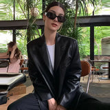 Vevesc Korean Fashion Black Leather Jacket Women Vintage Streetwear Oversized Blazer Jackets PU Autumn Winter Moto Biker Coat