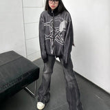 Vevesc High Street Euramerican Asymmetrical Print Gothic Cardigan Harajuku Punk Casual Loose Vintage Clothes Y2k Autumn Lazy Zip Coats