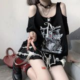 Vevesc Sweet Cool Angel Print White Tops Women 2024 New Mid-length Loose T-shirts Y2k Grunge O-neck Lace Up Off Shoulder Tee Shirt