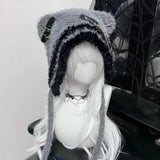 Vevesc Korean Y2K Cute Striped Knitted Beanie Hat Kawaii Bear Ears Knitting Cap Autumn Winter Cute Cross Belted Pullover Women Hats