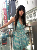 Vevesc Summer Lace Patchwork Sexy Fairy Dresses Women Y2k Aesthetic Vertical Stripe Dress Harajuku Bandage Grunge Vestido De Mujer