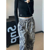 Vevesc  American Retro Distressed Gray Leaf Camouflage Pants Fashion High Street Straight Wide Leg Pants Harajuku Hip Hop Y2k Trousers