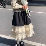 Vevesc Japanese Fashion Long Skirt Women Black High Waist A-line Lace Patchwork Ruffles Midi Skirt Autumn Mori Girl Style