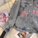 Vevesc Korean Fashion Denim Jacket for Women Oversized Streetwear Vintage 2000s Y2k Letter Jean Jackets Harajuku Aesthetic
