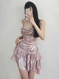 Vevesc Summer Pink Strap Kawaii Dress Women Backless Elegant Vintage Party Mini Dress Female Bow Belted Sashes Designer Dress