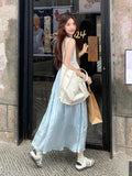 Vevesc  New Women Blue Patchwork Sleeveless High Waist Pleated Vest Dress Summer Fashion Sexy Backless Elegant Holiday Long Dress Casual
