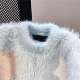 Vevesc Korean Mink Cashmere Pullovers O Neck Long Sleeve Y2K Sweater Women Sueter Mujer Knitted Star Print Preppy Style Sweet