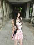 Vevesc American Fashion Bow Lace Up Strapless Tops Wome+ Y2k E-Girl High Waist Ruched Cake Skirts 2024 Summer New Two Piece Sets