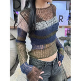 Vevesc Summer High Street O Neck Slim Constrast Color Knitted Pullovers Korean Temperament Hollow Out Women Clothes Y2k Aesthetic Tees