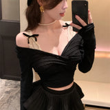 Vevesc Fake Two Pieces Lace Patchwork Shirts Slim Fit Cross Pleated Harajuku Sexy T-shirt Women Y2k Aesthetic Grunge Streetwear Tops