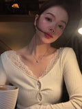 Vevesc Fake Two Pieces Lace Patchwork Bottoming Tee Shirts Autumn Slim Sexy T-shirt Women Y2k Aesthetic Grunge See Through Crop Tops