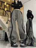 Vevesc Y2K Line Design Pant Women Drawstring Pockets Wide Leg Chic Punk Pants Baggy Striped Sports Sweatpants Parachute Jogger Trousers