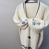 Vevesc Warm Beige Knitted Cardigan Women Vintage Star Embroidered Single Breasted Sweater Coats Ladies Casual Slight Strech Cardigan