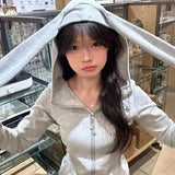 Vevesc Japanese Kawaii Rabbit Ear Zipper Long Sleeve Hoodies Women Slim Waist Y2k Chic Gray Hooded Sweatshirts Sweet Sudadera Mujer