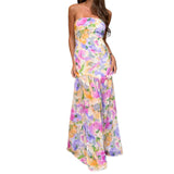 Vevesc  Elegant Off-Shoulder Maxi Dress with Boho Floral Print and Open Back Design for Summer Wedding Party Vacation Wear