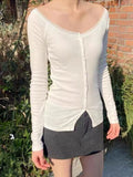 Vevesc  White Lace Trim Long Sleeve T-shirt Woman Spring Scoop Neck Single Breasted Cotton Tee Tops Sweet Cute Preppy Style Tshirt Y2k