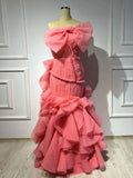 Vevesc Couture Coral Red Ruffles Mermaid Long Evening Dresses With Bow Details Real Image Formal Party Dress Maxi Gowns