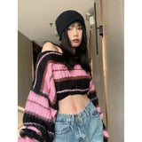 Vevesc Autumn Y2K New Korean Style Pink Cropped Sweater Women Striped Jumper Vintage Female Long Sleeve Crewneck Pullovers Tops