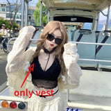 Vevesc Fashion Vintage Halter Sexy Lace Black Vest+ Y2k Slim Fit Long Sleeve Red Tops Women 2024 Early Autum New Two Piece Sets