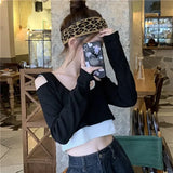 Vevesc Contrast Color Tees Preppy Style Korean Off Shoulder Y2k Sweet Tshirts Crop Tops Fake Two Piece Women Slim Fit Patchwork