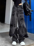 Vevesc American Gothic Streetwear Loose Denim Pant Y2k Aesthetic Vintage Hole Lrregular Baggy Wide Leg Trousers Harajuku Tassel Pants