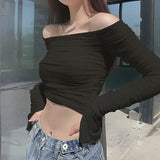 Vevesc Y2k Coquette Off Shoulder Solid Crop Tees Women Korean Fashion Folds Black Long Flare Sleeve Tops Sexy Corset T-shirts