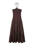Vevesc  Elegant 3D Flower Long Dress Women Halter Backless Pleated Female Pary Dresses Fashion Street Sleeveless Solid Lady Robes