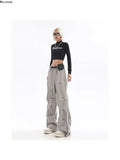 Vevesc Y2K Casual Women Wide Leg Elastic Waist Pants Autumn  Korean Streetwear Oversized High Waist Joggers Grey Pleated Trousers