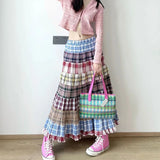 Vevesc Ethnic Style Plaid Pattern Patchwork Half Length Skirt Women Summer Vintage Contrasting Colors Loose Office Lady All-match Skirt