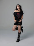 Vevesc Black Color American High Street Sexy Off The Shoulder Tops Harajuku Punk Bow Print Summer Commuter Shirts Y2k Aesthetic Tees