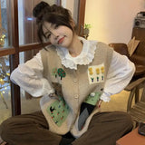 Vevesc Korean Spring Autumn Long Sleeve White Shirts Women Flare Sleeve Kawaii Collar Ruffle Blouse Knitted Vest Sets