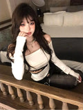 Vevesc Hollow Out Lace Patchwork Tshirts Y2k Aesthetic Slash Neck Grunge T-shirt Harajuku Autumn Irregular Vintage Tops Streetwear