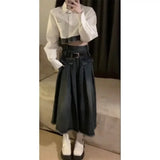 Vevesc Korean Simple Lapel Neck White Long Sleeve Shirts Women+ Y2k E-Girl High Waist Denim Skirts 2024 Autumn New Two Piece Sets