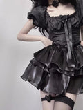 Vevesc Gothic Black Lolita Mini Dress Women Vintage Sexy Spaghetti Strap High Waist Dresses 90s Egirl Punk Slim Party Club Dress Femmes