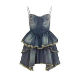 Vevesc  New Women's High-End Feel Sweet Spicy Girl Style Denim Skirt Cake Skirt Lawsuit Dress Short Sling Back Dress